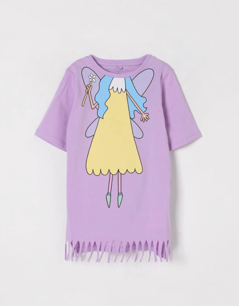 Graphic Short Sleeve Cotton Dress with Fringe Detail