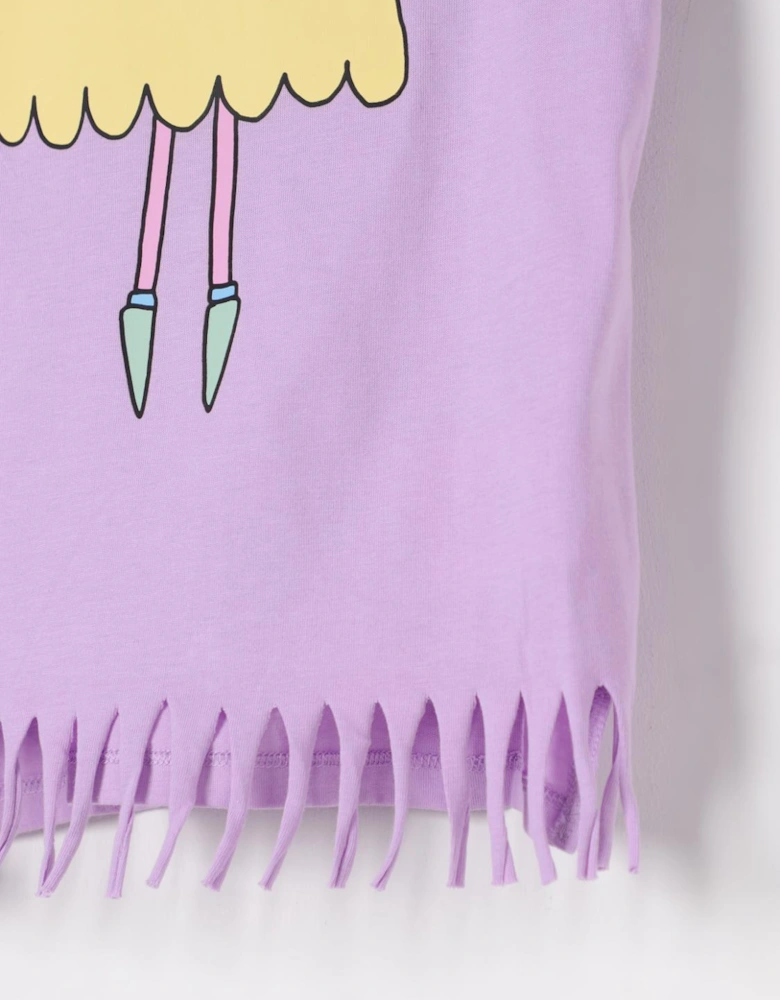 Graphic Short Sleeve Cotton Dress with Fringe Detail