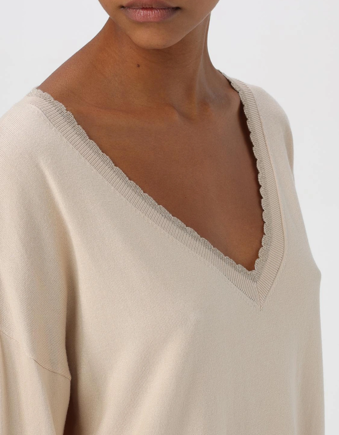 Lace Trim VNeck Merino Wool Sweater