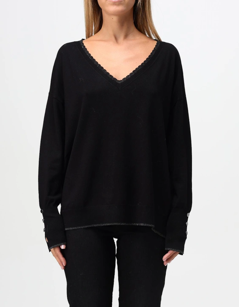 Lace Trim VNeck Merino Wool Sweater