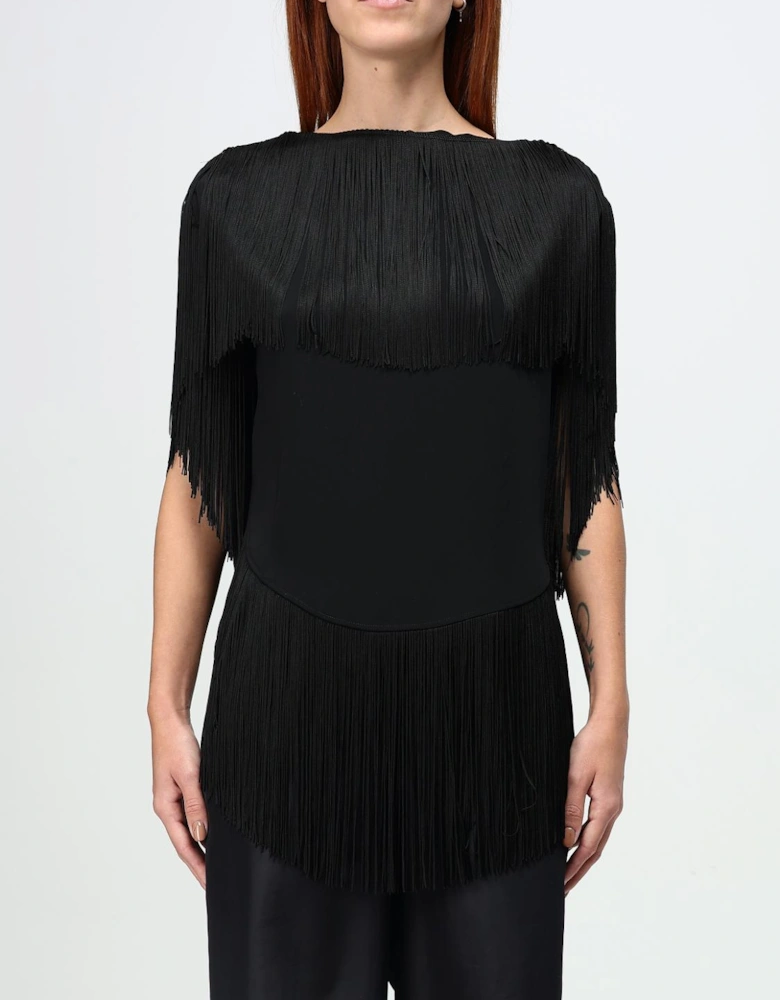 Fringe Detail Boat Neck Short Sleeve Top