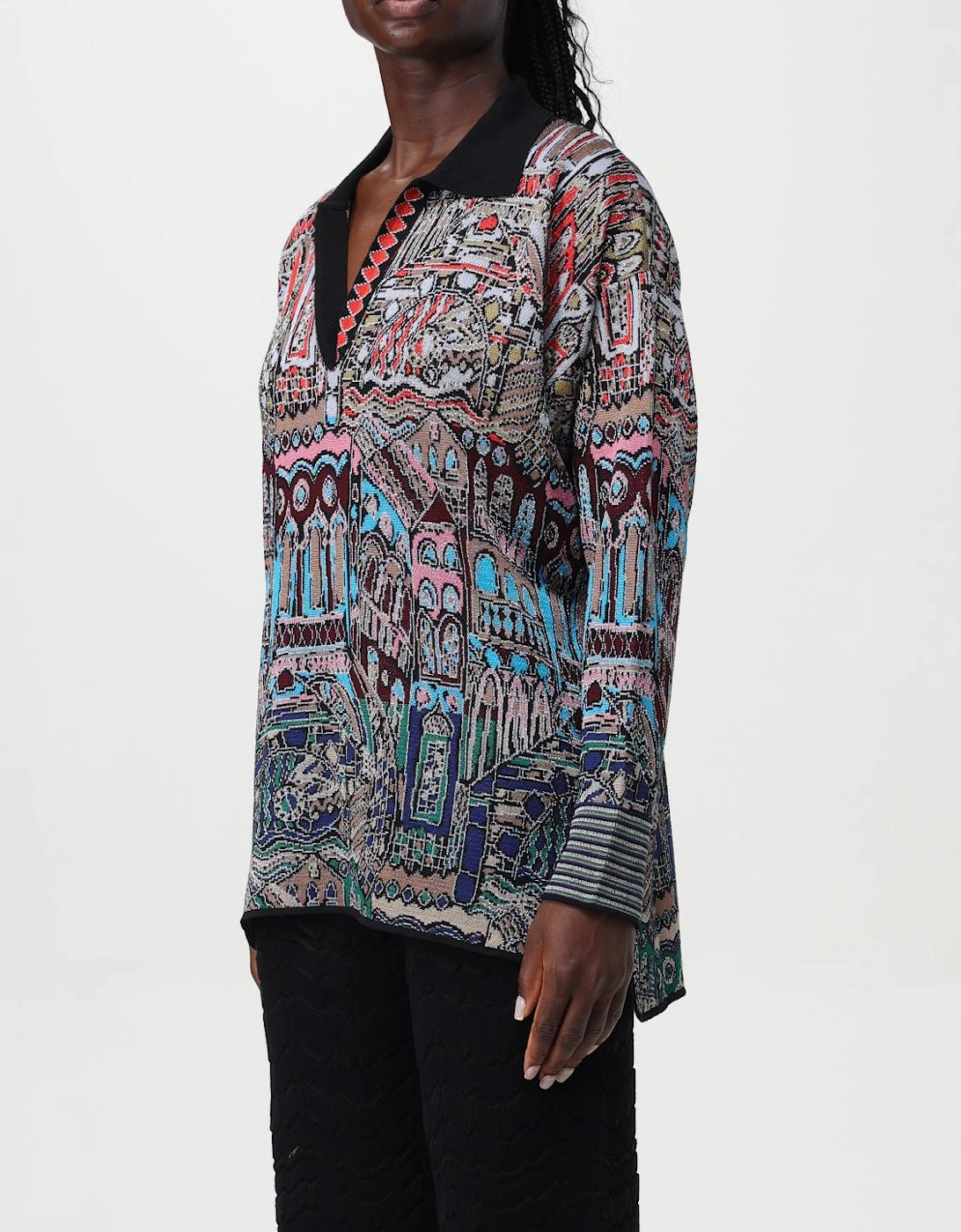 Knit Collared Top Geometric Design