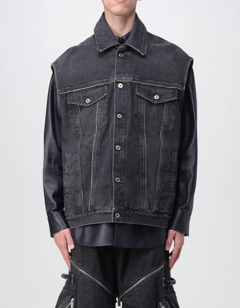 Denim Vest Jacket Leather Sleeves