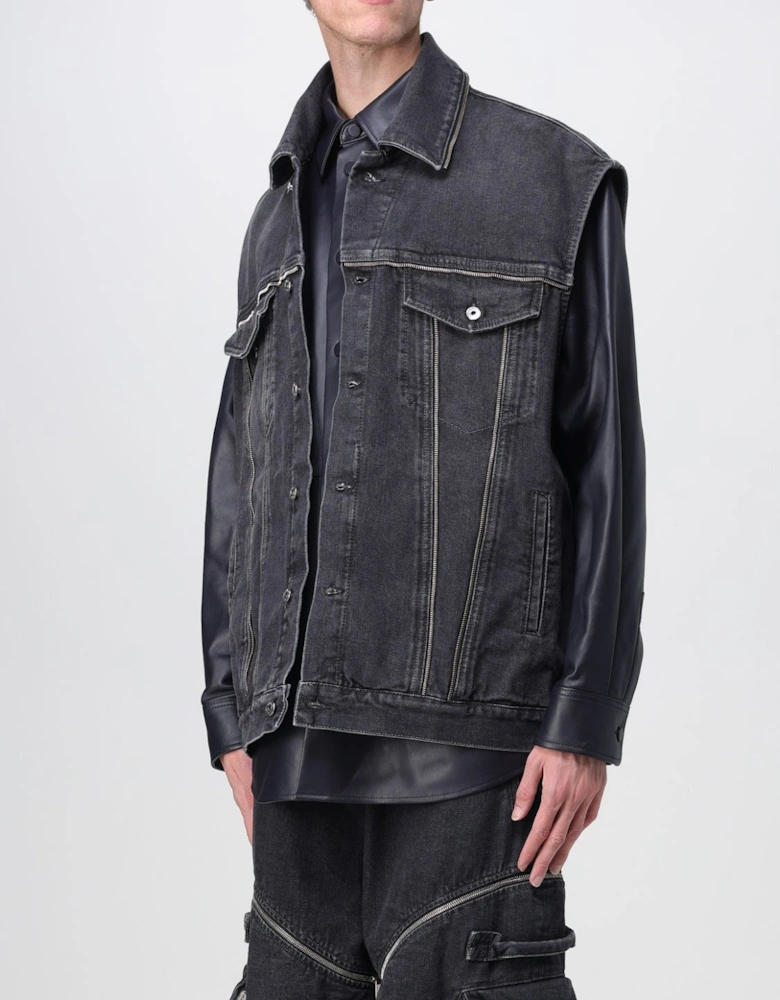 Denim Vest Jacket Leather Sleeves