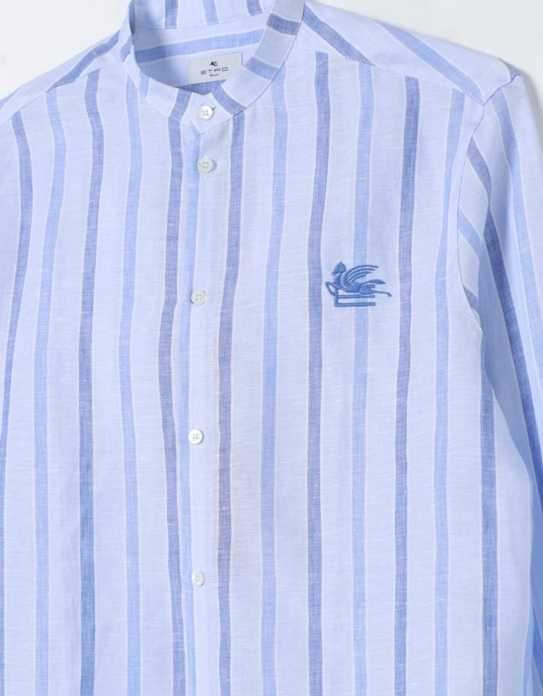 Linen Stripe Shirt Mandarin Collar