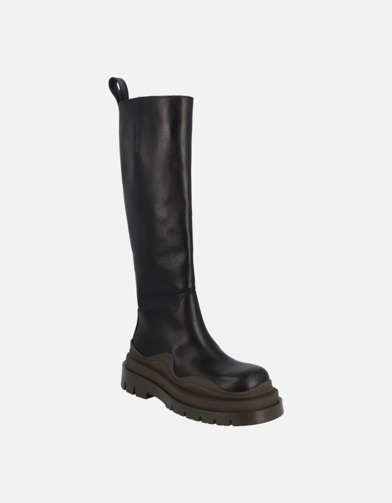 Kneehigh Black Leather Boots with Brown Platform and Rubber Outsole