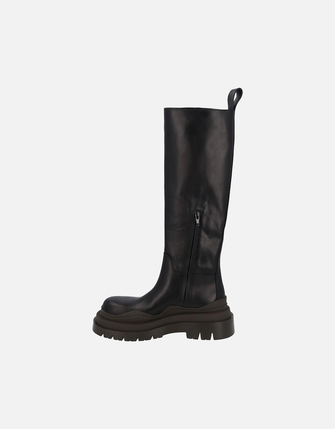 Kneehigh Black Leather Boots with Brown Platform and Rubber Outsole