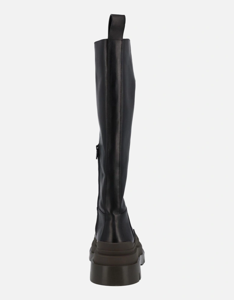 Kneehigh Black Leather Boots with Brown Platform and Rubber Outsole