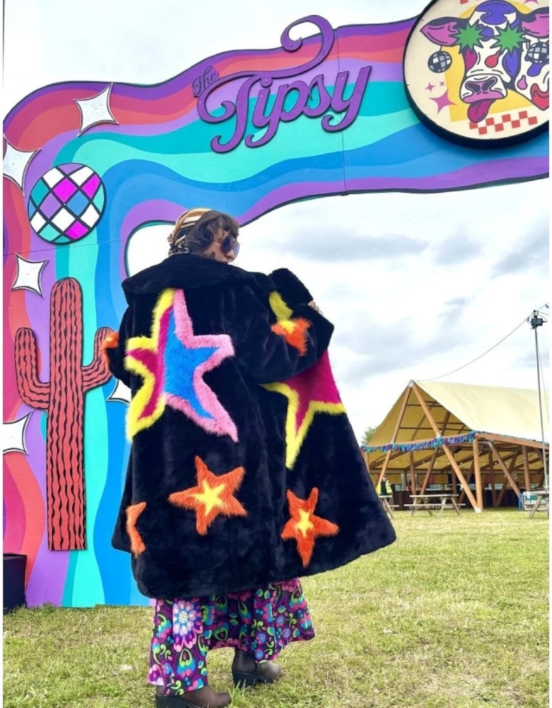 Black Hand Made Bamboo Lyocell Multi Faux Fur Star Coat