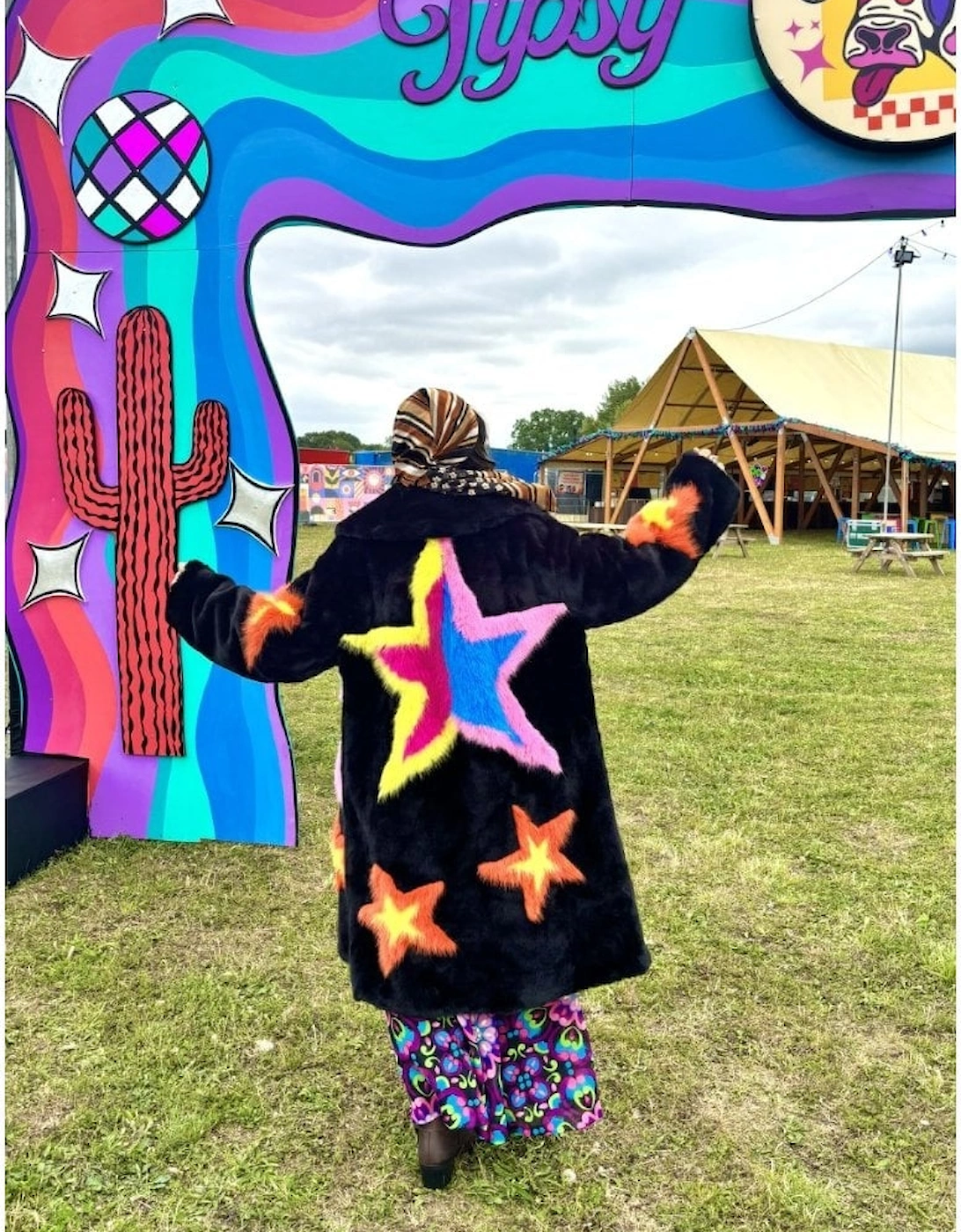 Black Hand Made Bamboo Lyocell Multi Faux Fur Star Coat