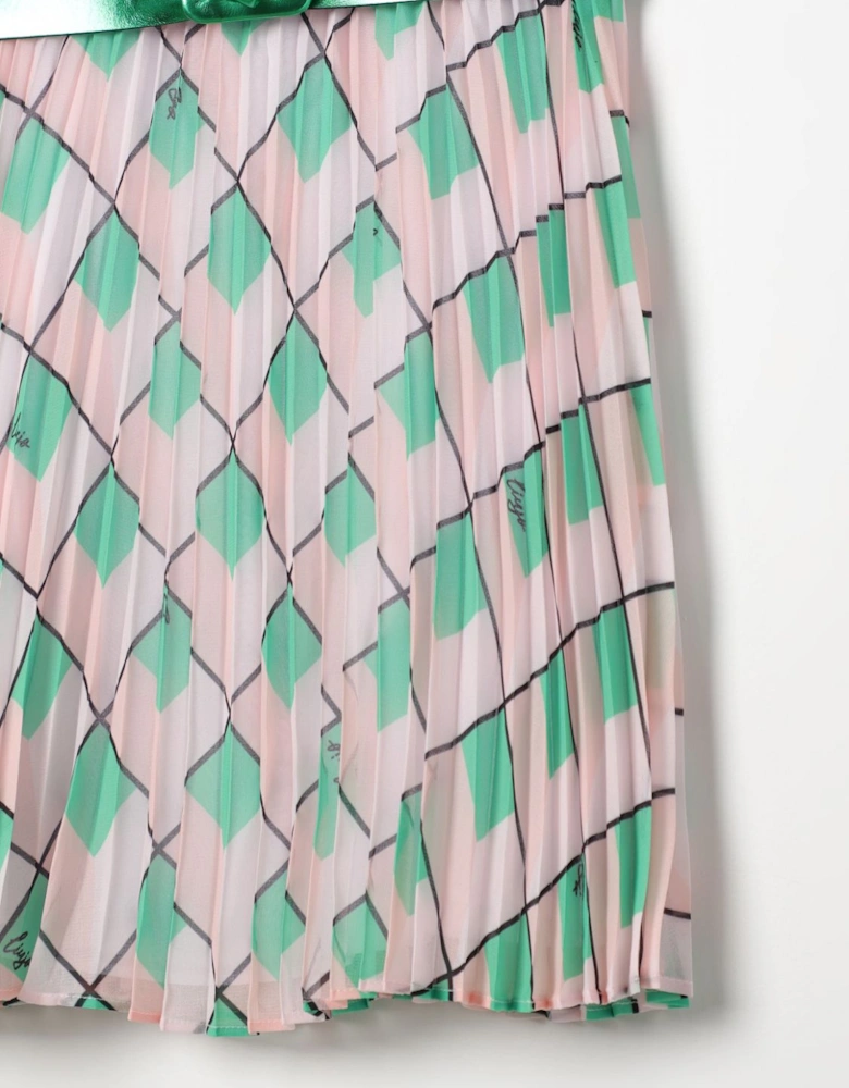 Pleated Argyle Dress with Belt