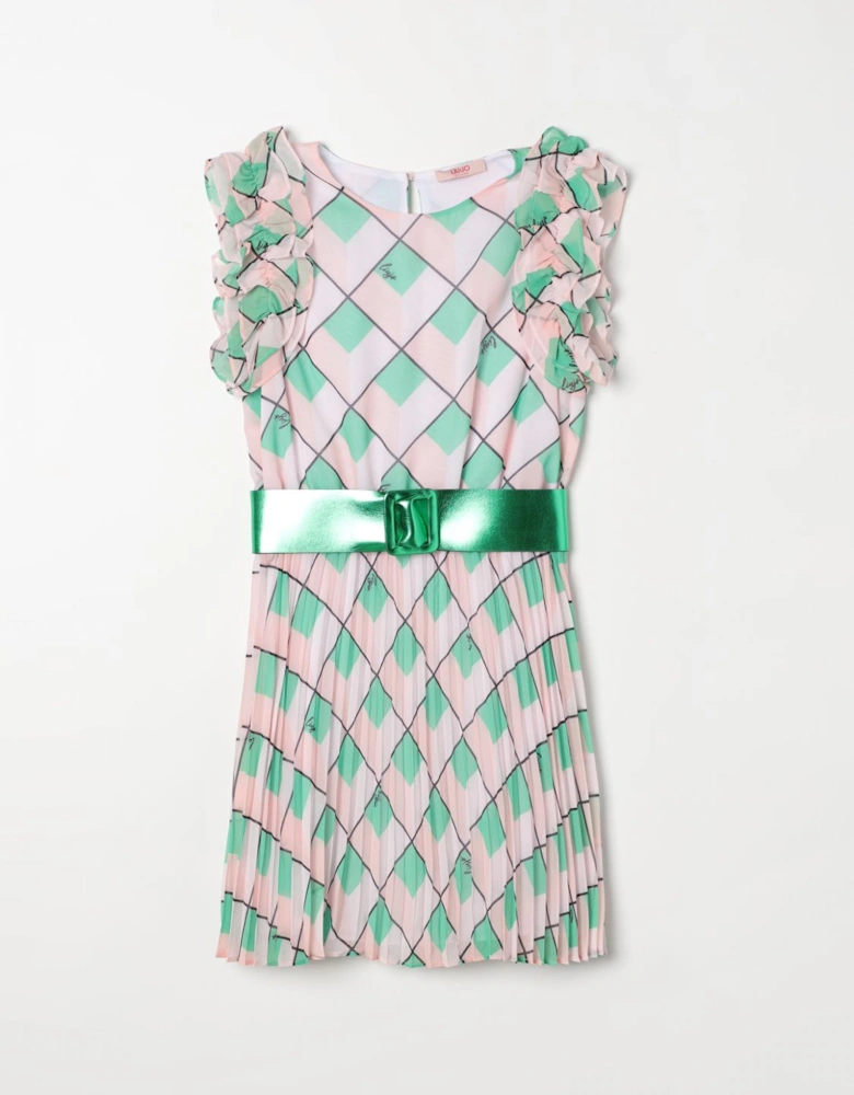 Pleated Argyle Dress with Belt