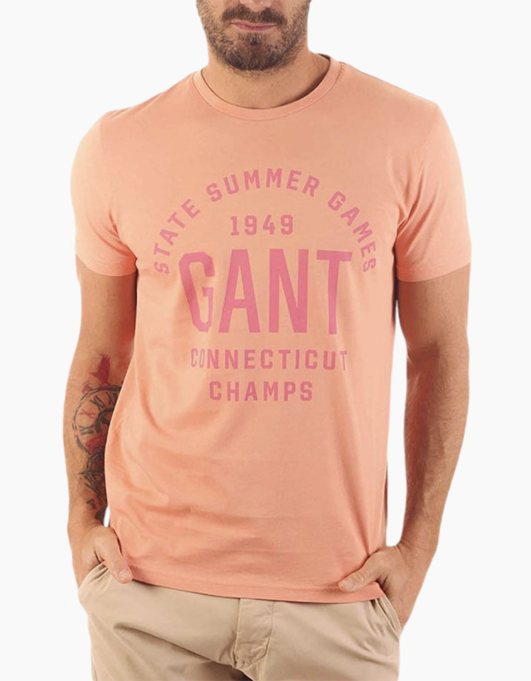 Men's GANT Mens T Shirt Crew Neck Short Sleeve Summer Printed Cotton Tee Casual Top - Pink - Size: 42