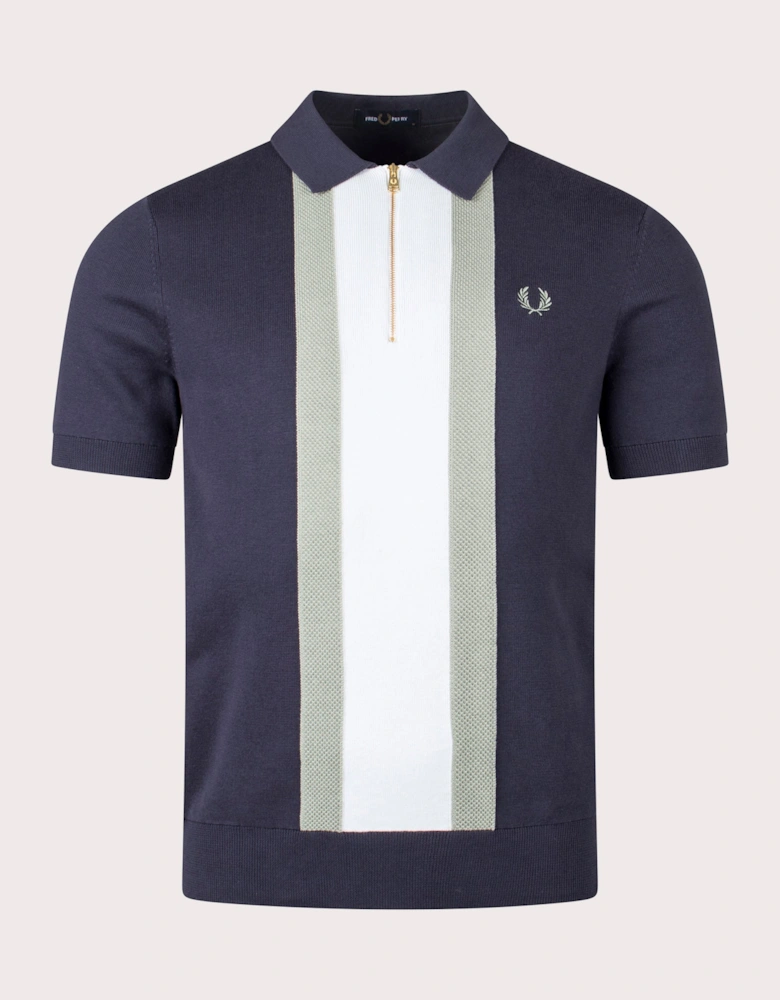 Textured Stripe Zip Neck Knitted Polo Shirt