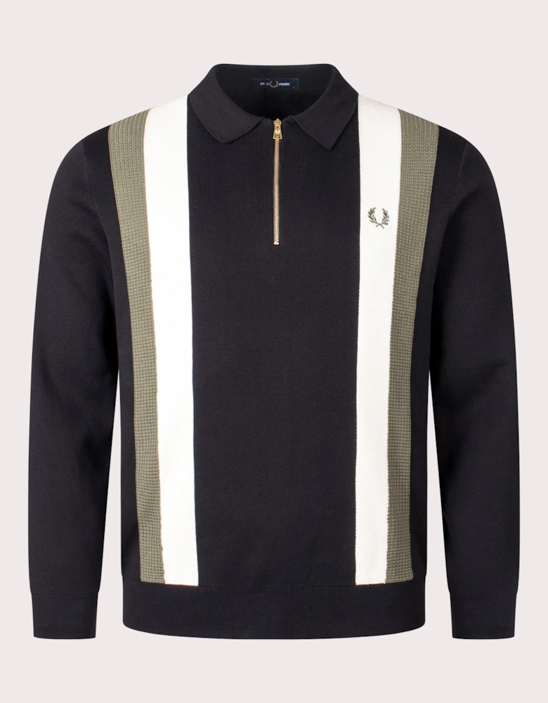 Textured Zip Neck Knitted Long Sleeve Polo Shirt