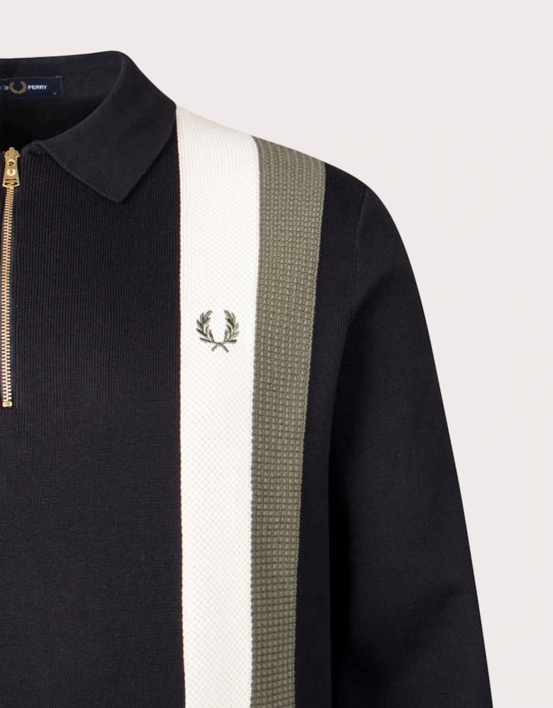 Textured Zip Neck Knitted Long Sleeve Polo Shirt