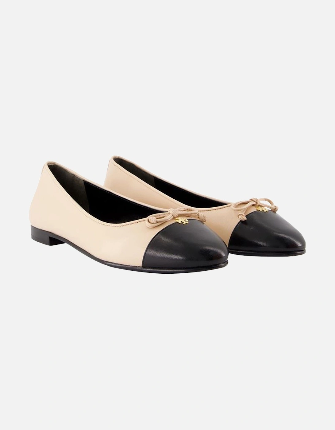 Cap Toe Leather Ballerinas with Smooth Goatskin and Round Toe