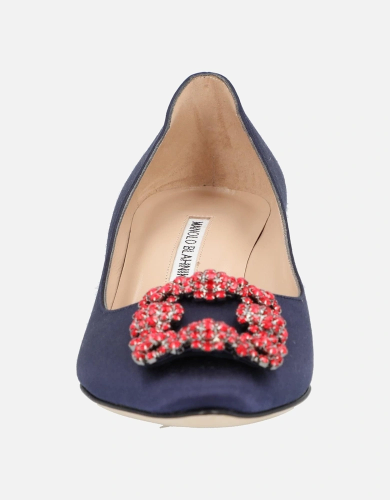 Crystal Buckle Satin Almond Toe Pumps with Stiletto Mid Heel