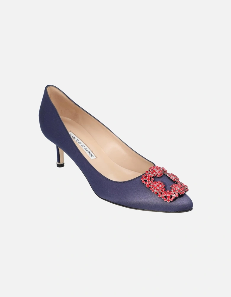 Crystal Buckle Satin Almond Toe Pumps with Stiletto Mid Heel