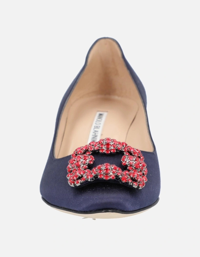 Crystal Buckle Satin Almond Toe Pumps with Stiletto Mid Heel