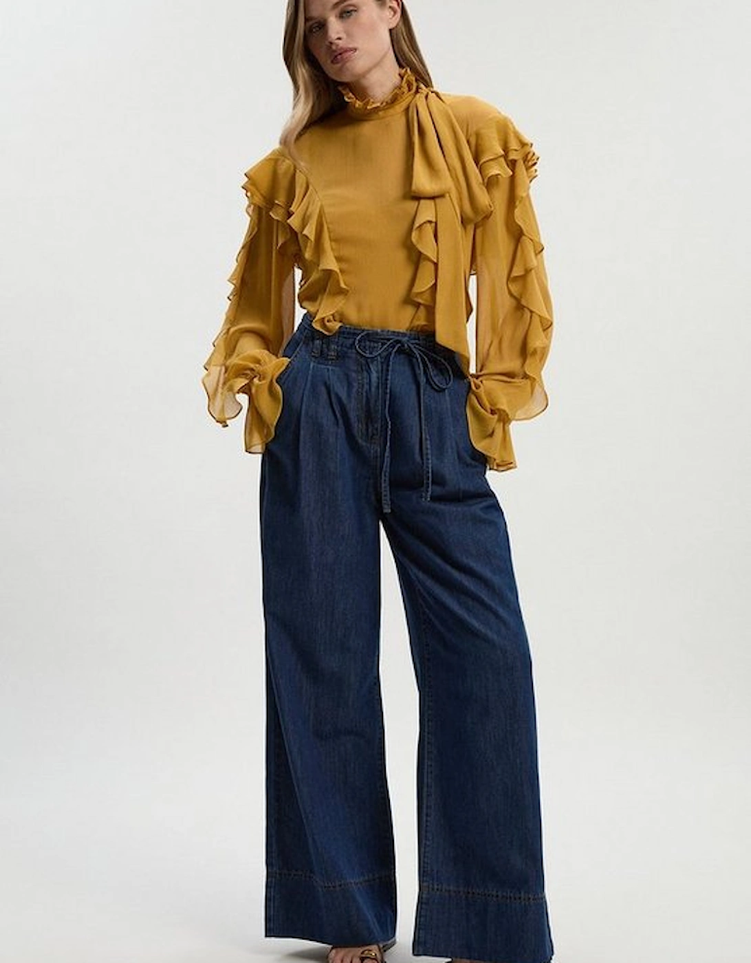 Petite Denim Tie Waist Wide Leg Tailored Trouser, 2 of 1