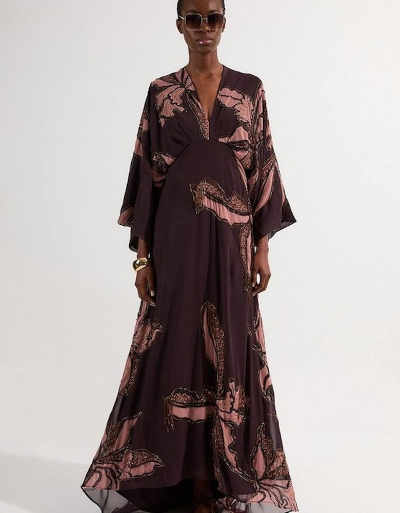 Drama Kimono Sleeve Printed And Beaded Woven Maxi Dress