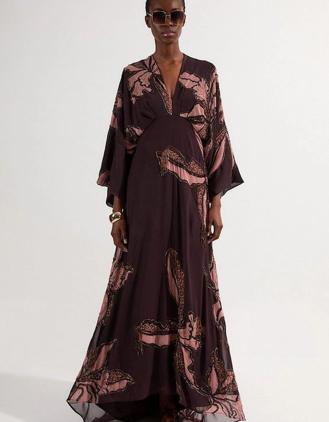 Drama Kimono Sleeve Printed And Beaded Woven Maxi Dress, 2 of 1