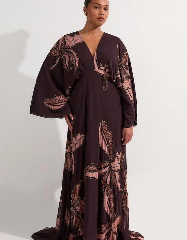 Plus Size Drama Kimono Sleeve Printed And Beaded Woven Maxi Dress