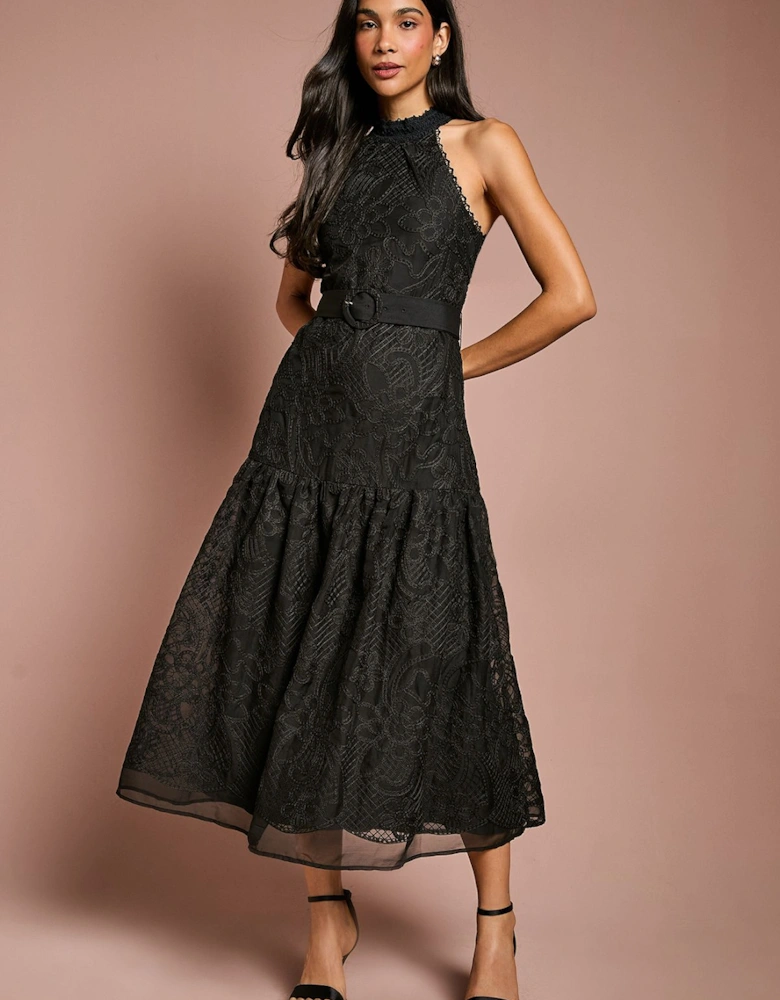 Lace Organza Belted Halter Midi Dress