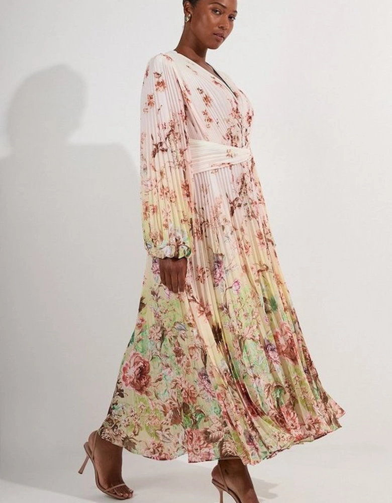 Plus Size Scattered Floral Balloon Sleeve Pleated Crinkle Cut Out Woven Maxi Dress