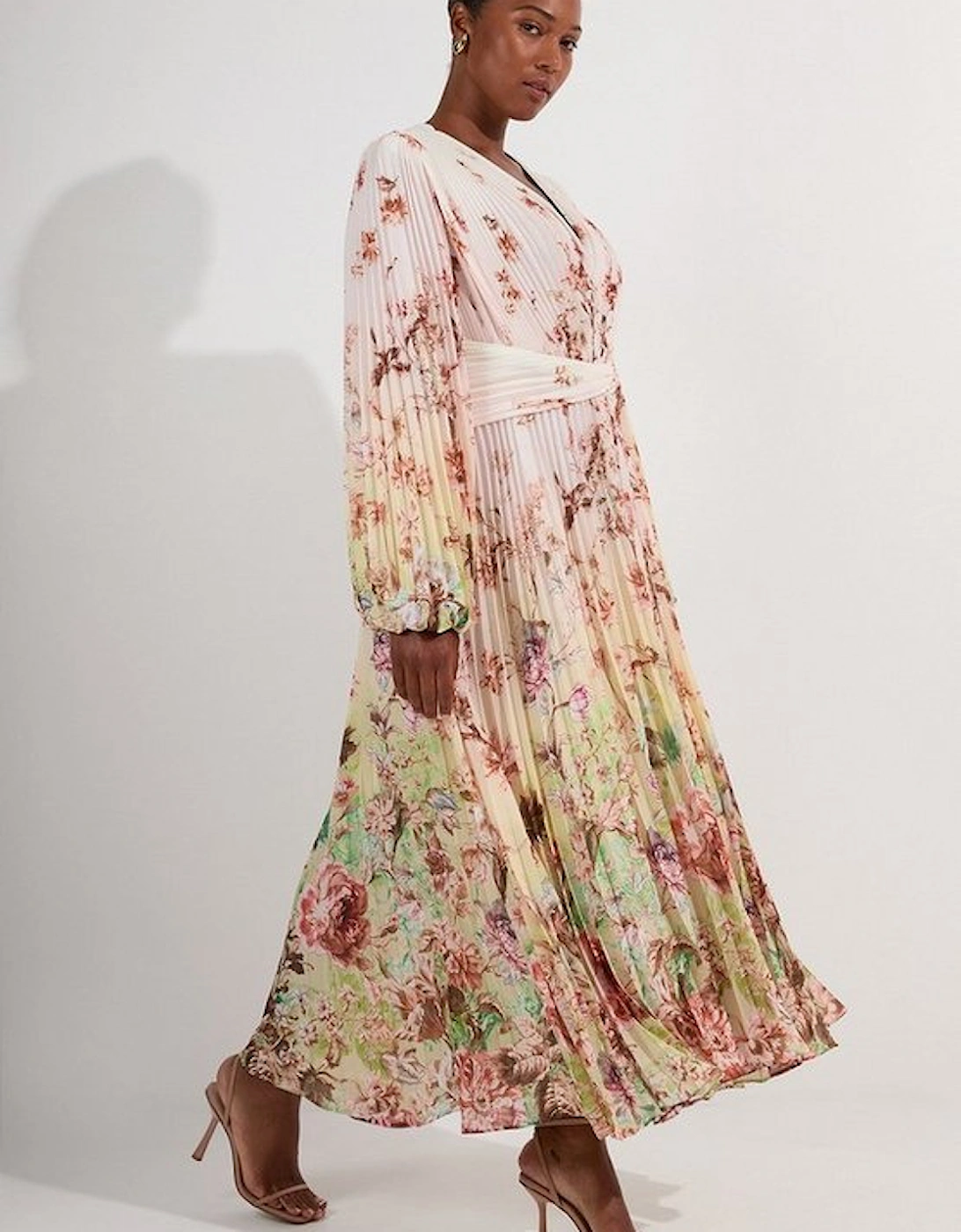 Plus Size Scattered Floral Balloon Sleeve Pleated Crinkle Cut Out Woven Maxi Dress, 2 of 1