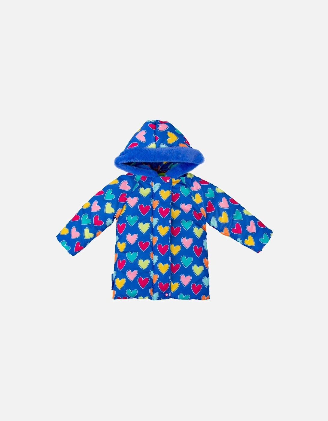 Girls Blue Hearts Puffer Coat, 6 of 5