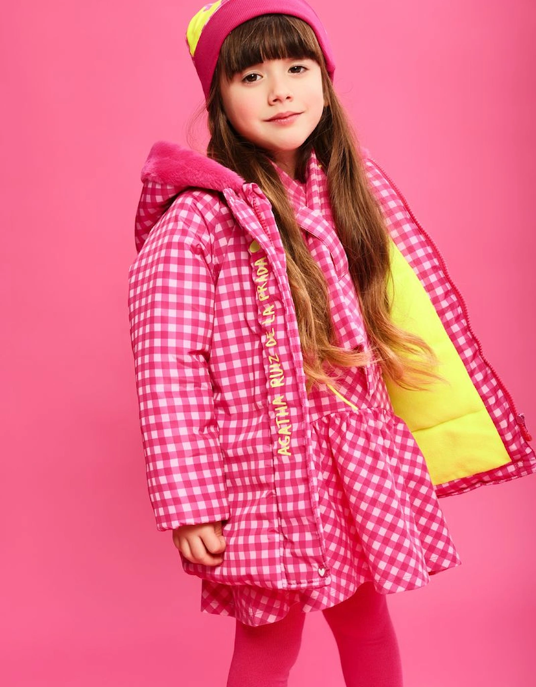 Girls Pink Gingham Puffer Coat