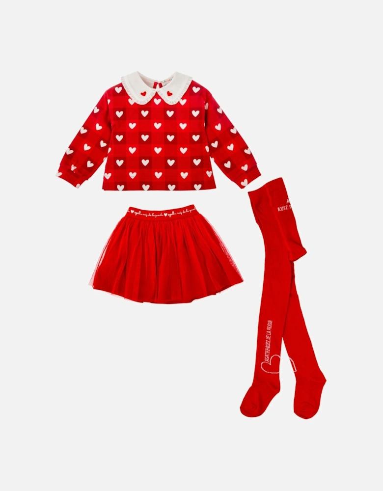 Girls Red Hearts Skirt Set and Tights