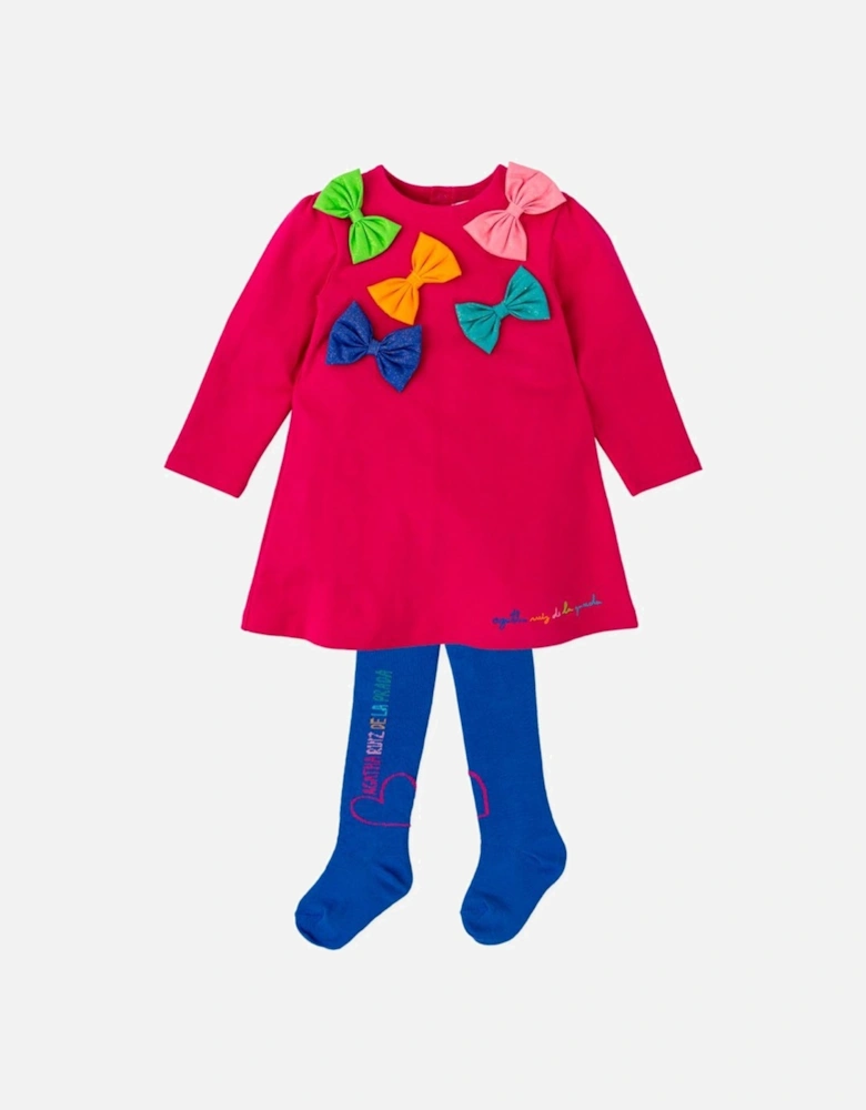 Girls Pink Bow Dress and Tights