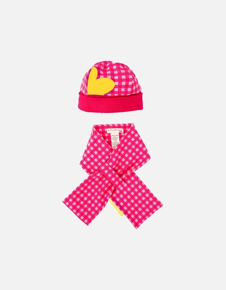 Girls Pink Gingham Hat and Scarf Set