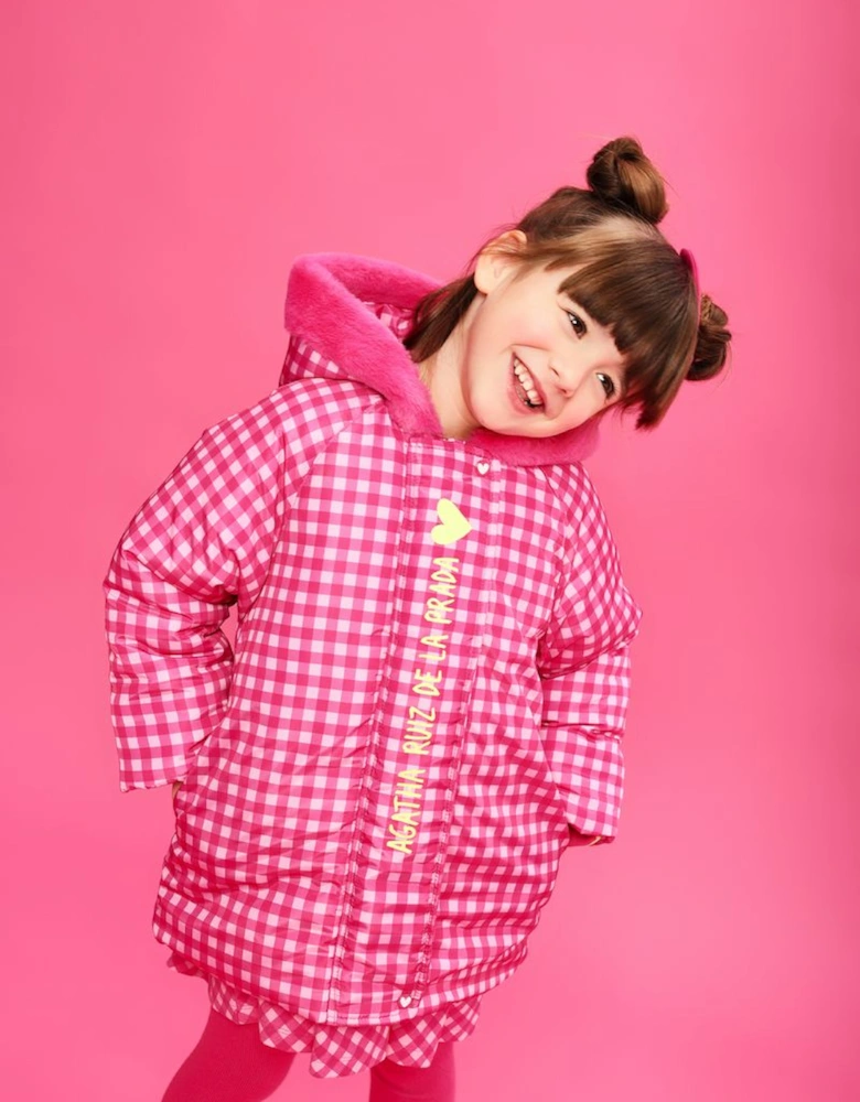 Girls Pink Gingham Puffer Coat