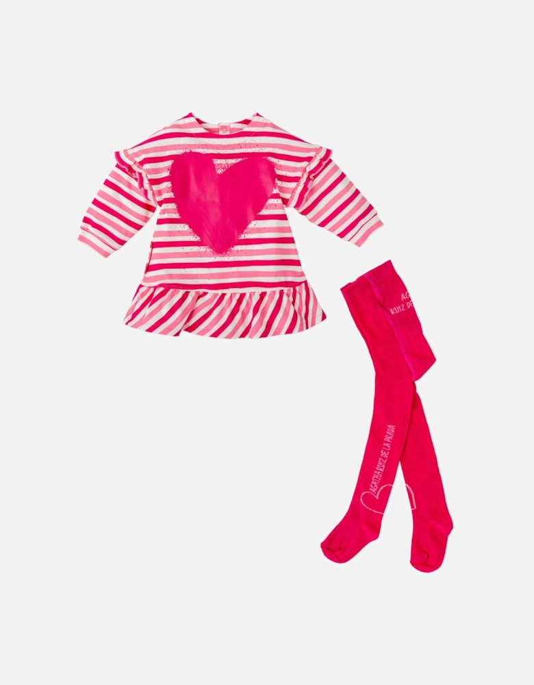 Girls Pink Striped Dress and Tights