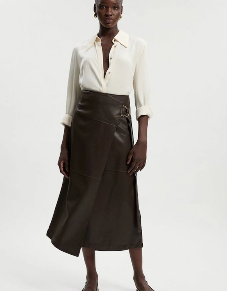 Faux Leather Tie Detail Wrap Midi Skirt