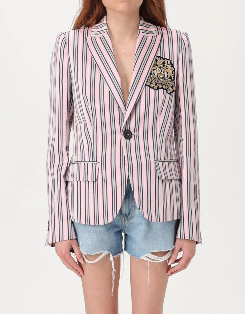 Striped Blazer with Embroidered Emblem