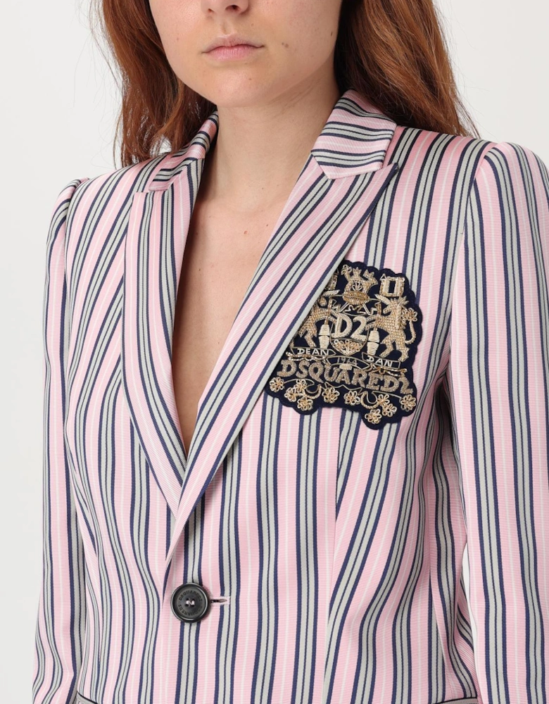 Striped Blazer with Embroidered Emblem