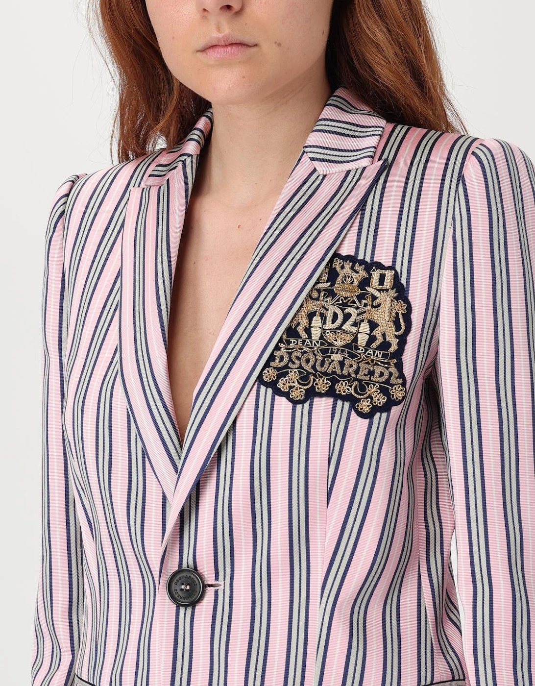 Striped Blazer with Embroidered Emblem