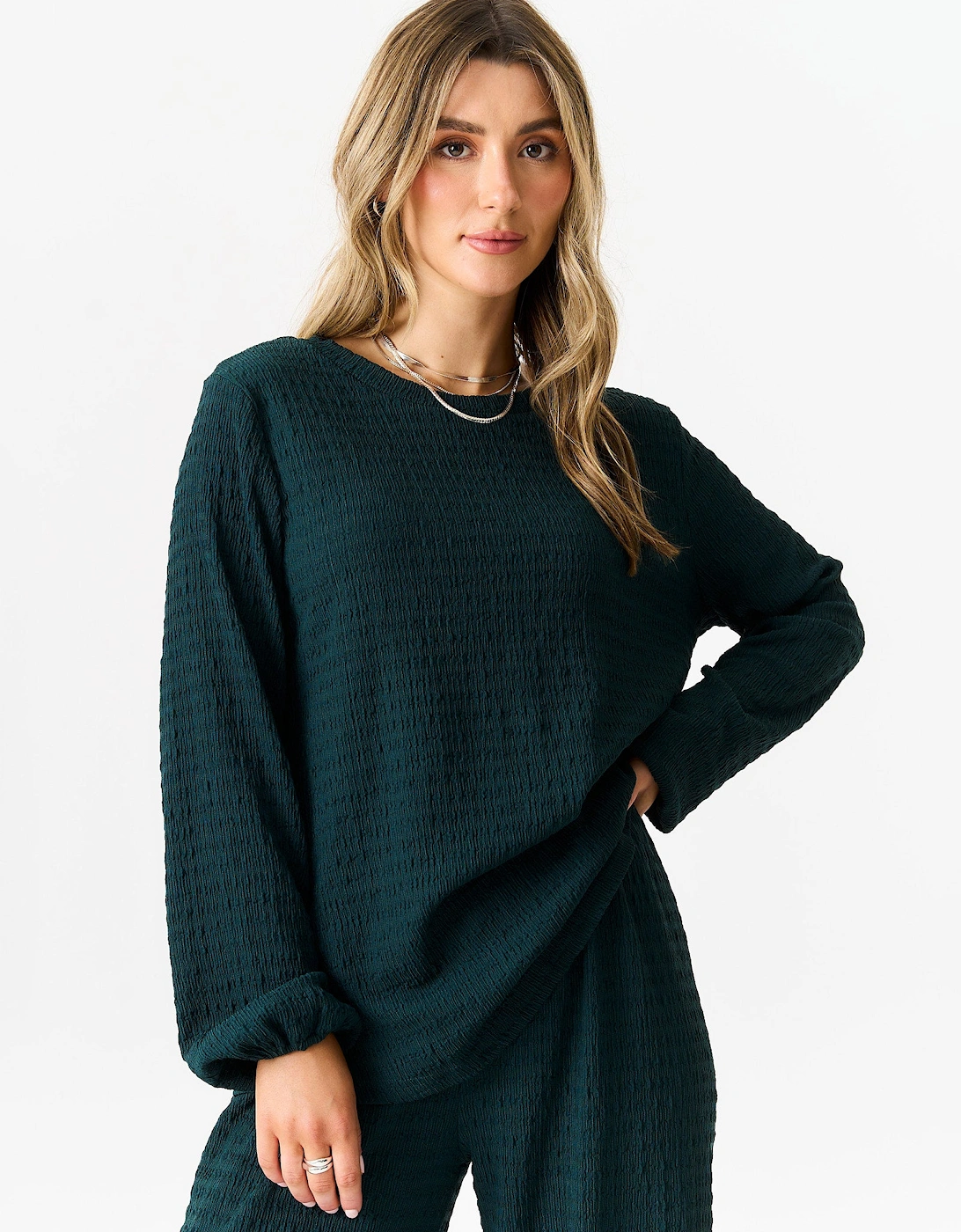 Bottle Green Textured Long Sleeves Oversized Top, 5 of 4
