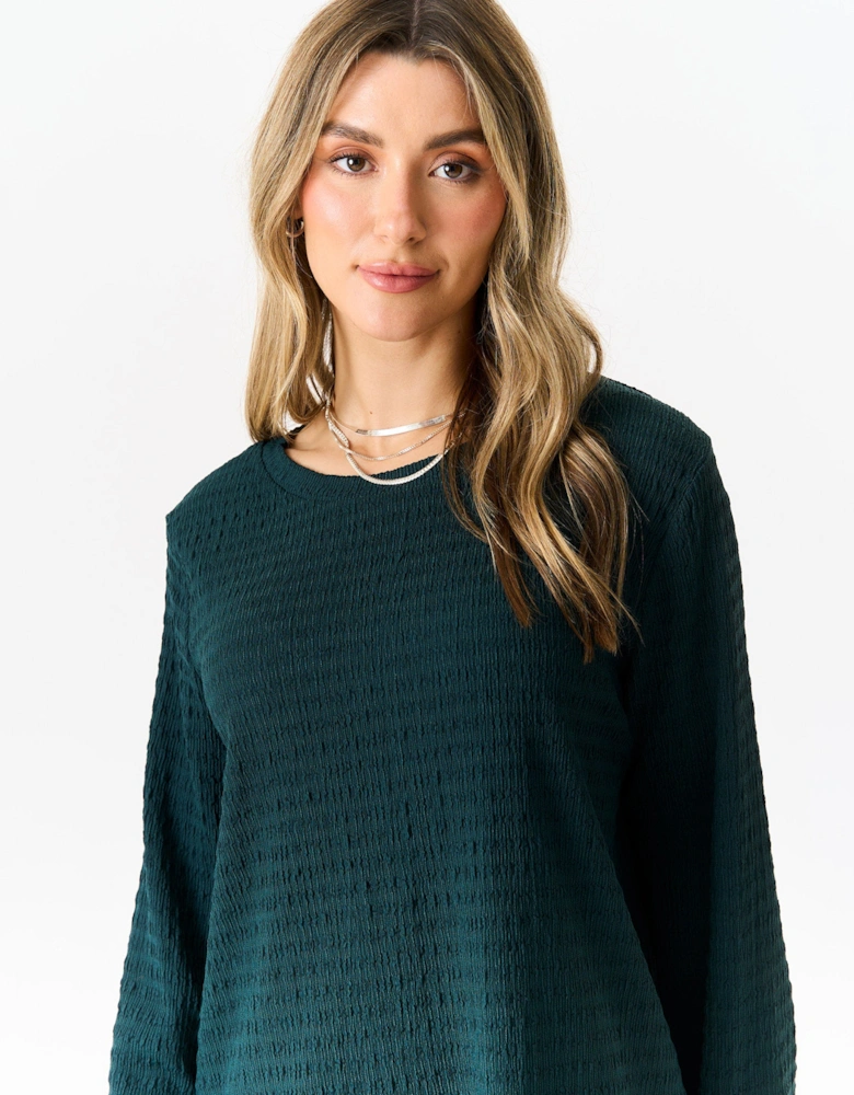 Bottle Green Textured Long Sleeves Oversized Top