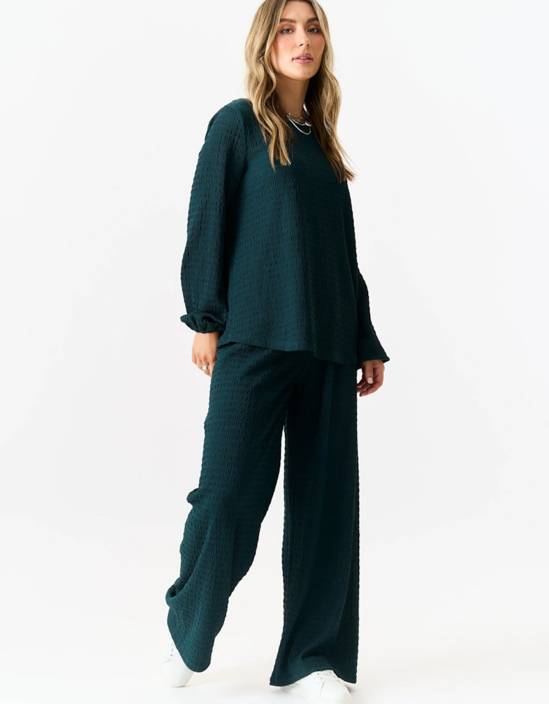 Bottle Green Textured Long Sleeves Oversized Top