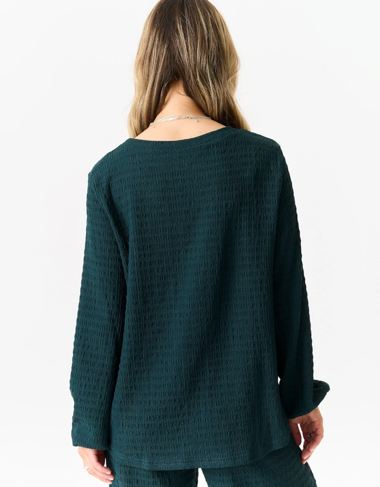 Bottle Green Textured Long Sleeves Oversized Top