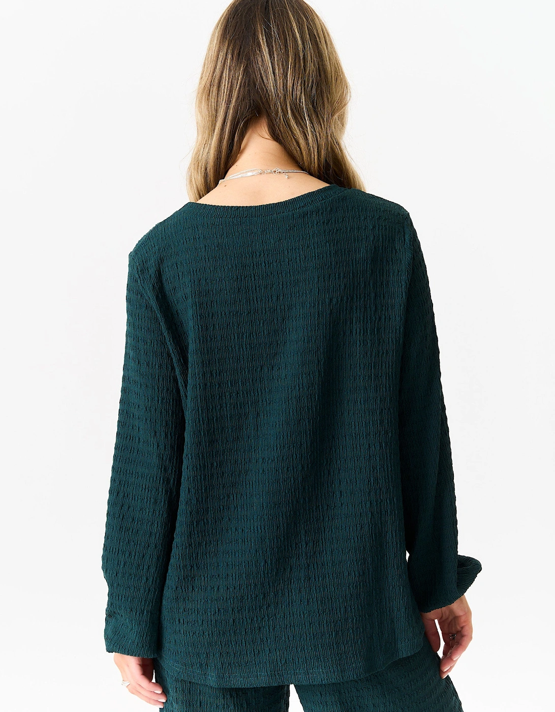 Bottle Green Textured Long Sleeves Oversized Top