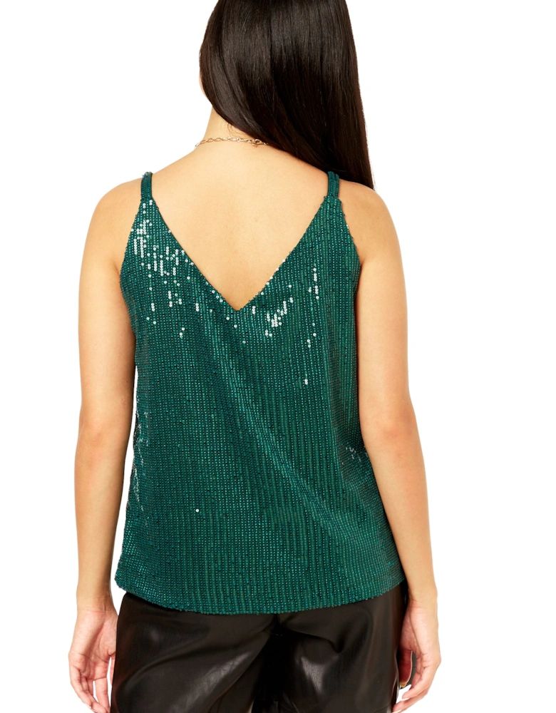 Green Sequin V Neck Cami Top