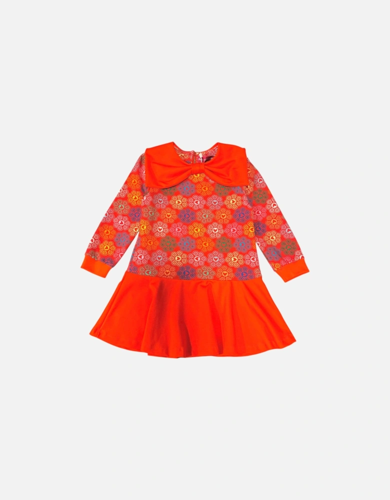 Girls Orange Print Bow Collared Dress