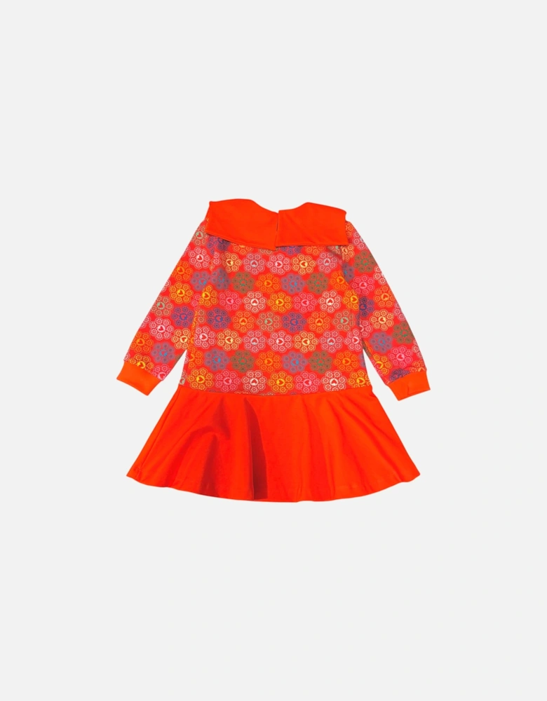Girls Orange Print Bow Collared Dress